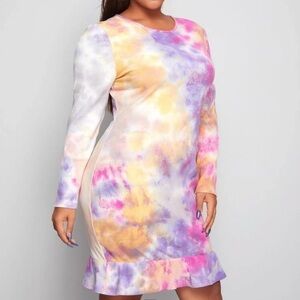 Ribbed knit ruffle hem tie-dye dress
